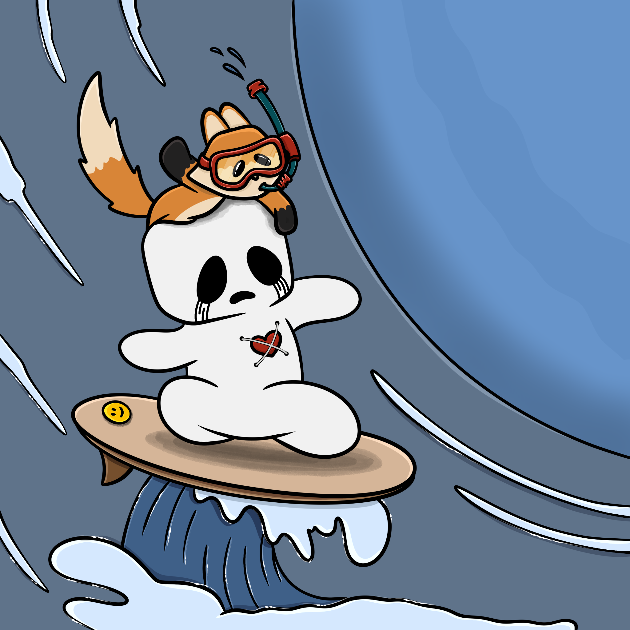 Klutzi surfing with Rocky riding on his head